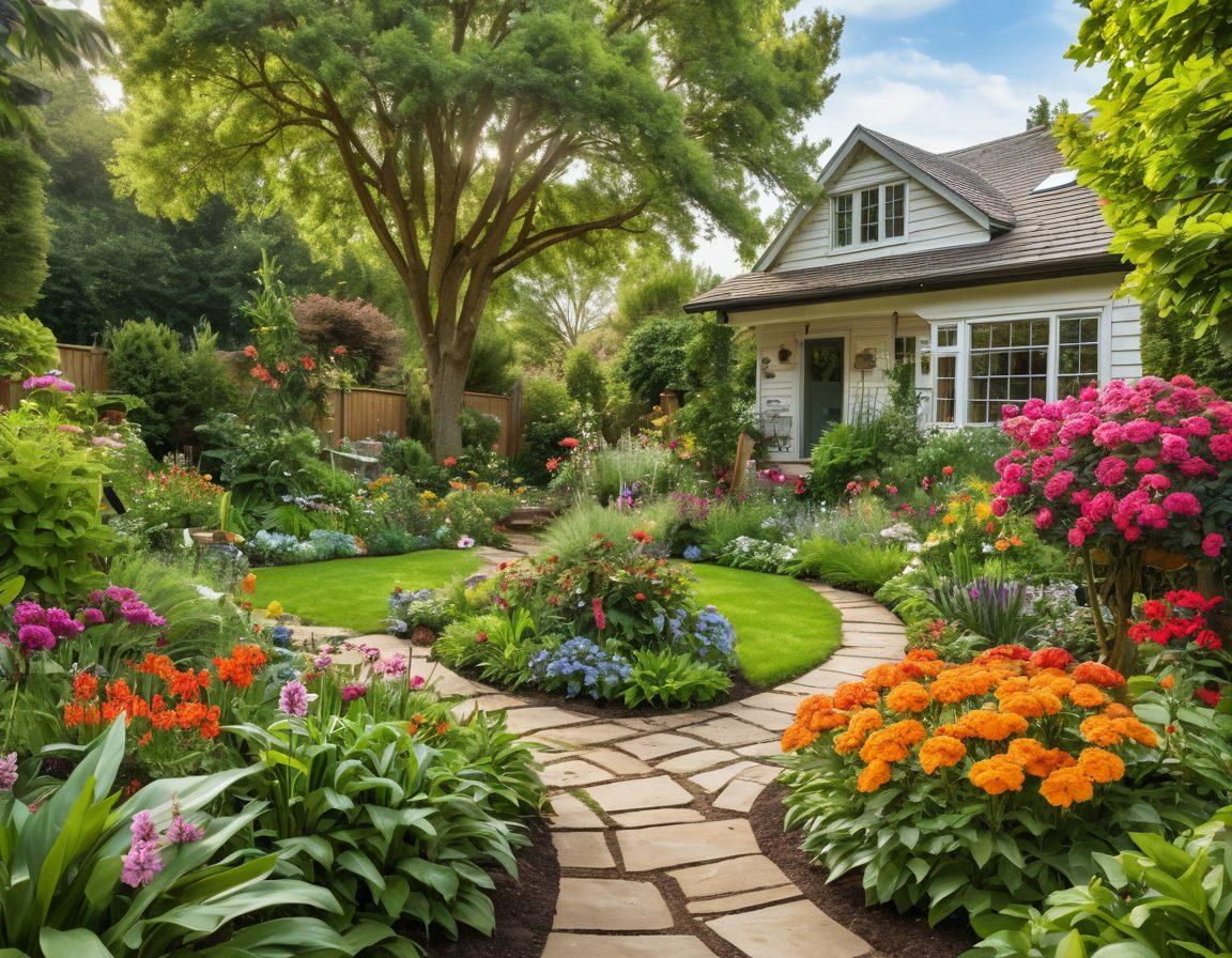 A lush garden scene showcasing various trees and plants, highlighting sustainable gardening practices. Feature a gardener nurturing a young tree, surrounded by vibrant flowers and healthy greenery, with eco-friendly tools and compost in the background. Include elements of nature like butterflies and bees, symbolizing a thriving ecosystem. The scene should evoke a sense of tranquility and connection to nature. vibrant colors. super-realistic.