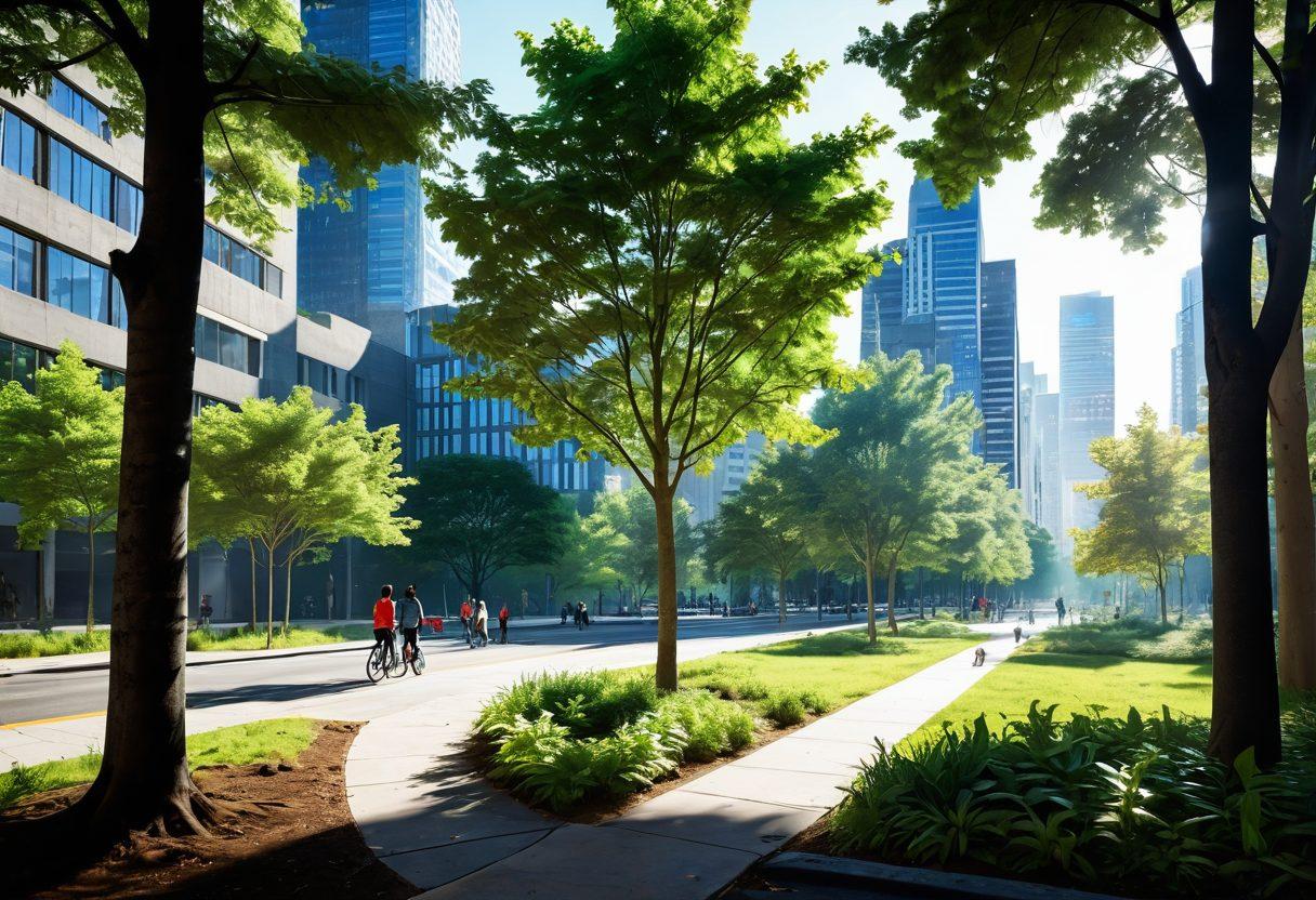 A serene urban landscape showcasing diverse tree species, with a split view of a bustling city and a tranquil forest. Include a diverse group of people engaged in tree planting and conservation activities. Highlight the transformation of a concrete environment into a green sanctuary with vibrant foliage. Emphasize the contrast between nature and urban life, with sunlight filtering through the leaves. super-realistic. vibrant colors. 3D.